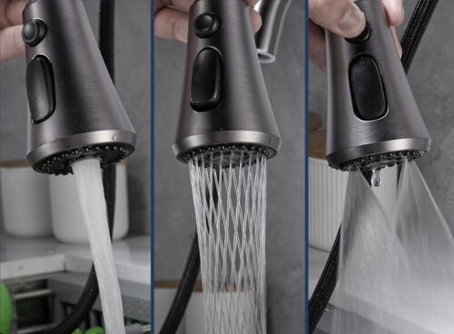 Kitchen faucet gun metal with pull-out spray head and soap dish