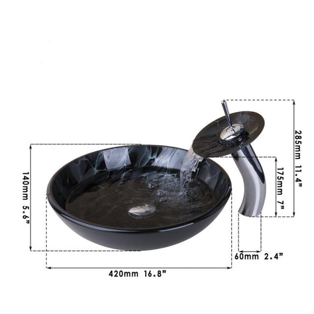 Waterfall faucet with round glass mouth and tempered glass washbasin, stylish design