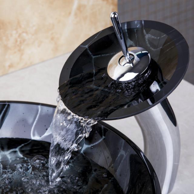 Waterfall faucet with round glass mouth and tempered glass washbasin, stylish design