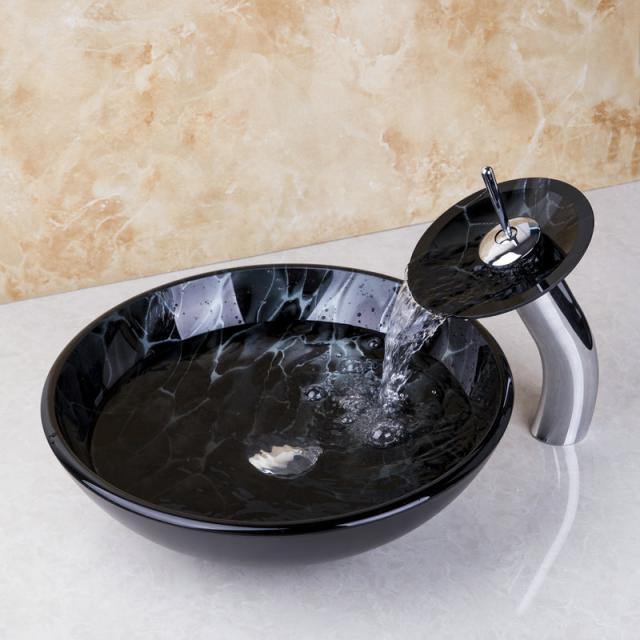 Waterfall faucet with round glass mouth and tempered glass washbasin, stylish design