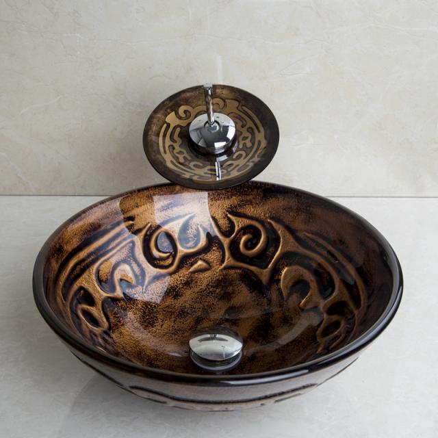 Waterfall faucet with round glass mouth and tempered glass washbasin