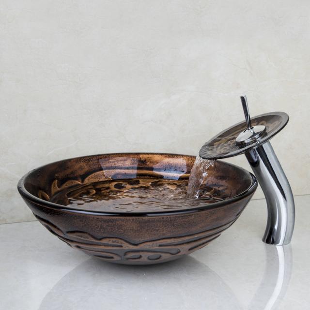 Waterfall faucet with round glass mouth and tempered glass washbasin