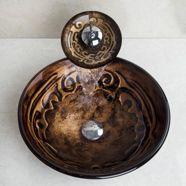 Waterfall faucet with round glass mouth and tempered glass washbasin