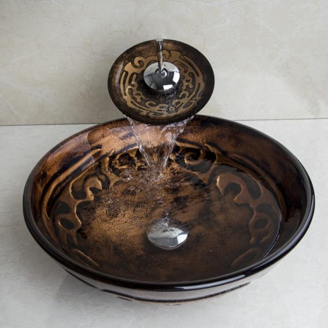 Waterfall faucet with round glass mouth and tempered glass washbasin