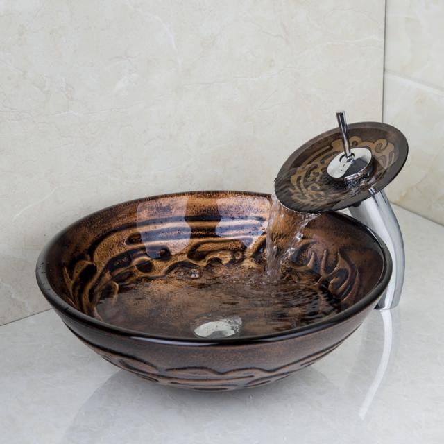 Waterfall faucet with round glass mouth and tempered glass washbasin