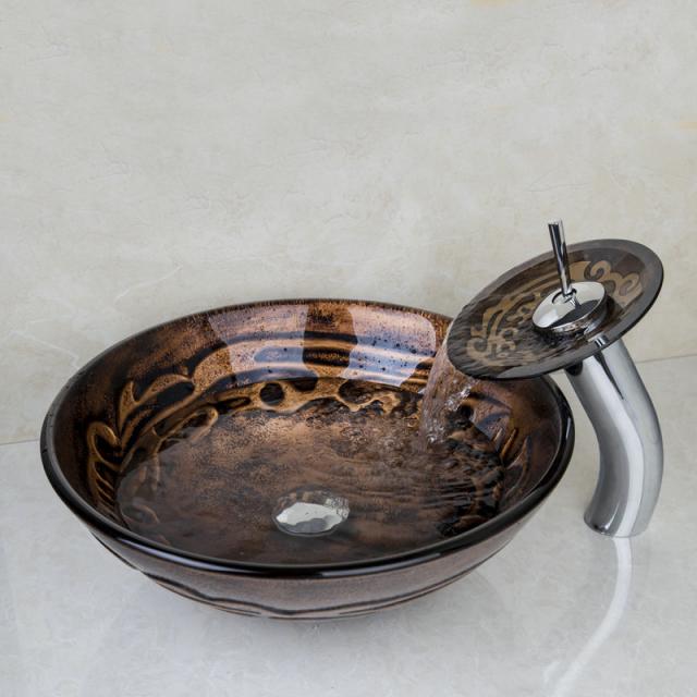 Waterfall faucet with round glass mouth and tempered glass washbasin