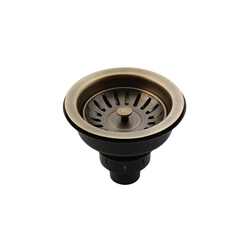 Bronskleurige gootsteenafvoer met korfplug en matte afwerking