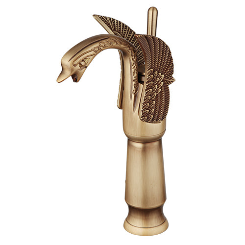 Bronze-colored high mixer tap in the shape of a swan