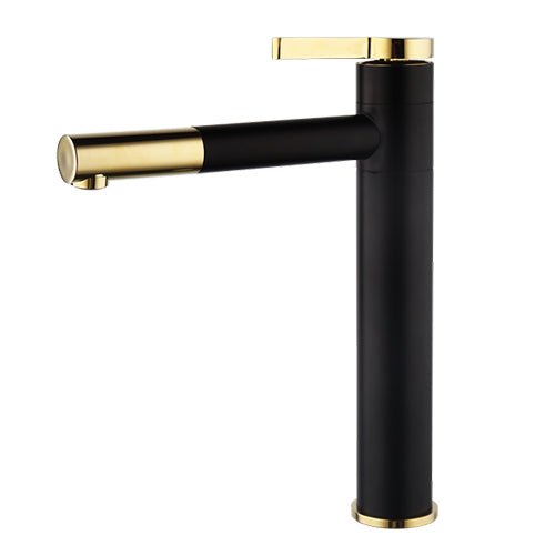 Black washbasin mixer tap with gold-colored elements