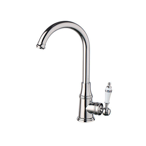 Nostalgische Chroom Wastafelkraan met Elegante Aardewerk Handvat