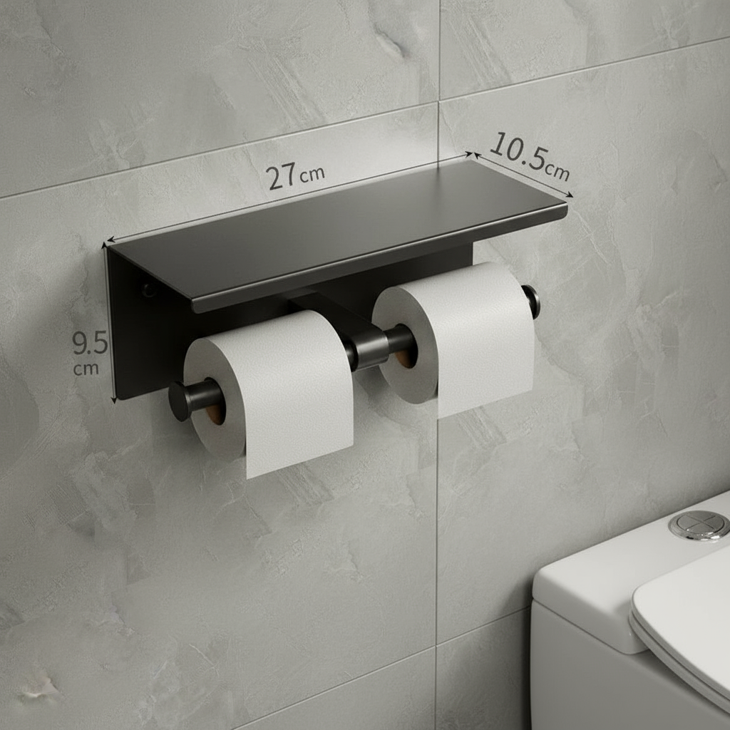 Gun metal dubbele wc-rolhouder met plankje