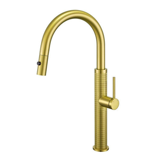 Geborsteld gouden keukenkraan met uittrekbare sproeikop en hoge U-uitloop