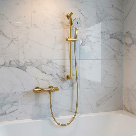 Thermostatische badkraan met glijstang – geborsteld goud