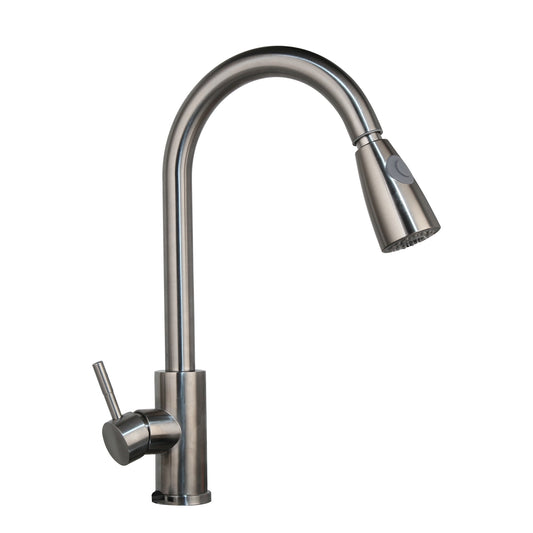Brushed nickel kitchen faucet with pull-out spray head.