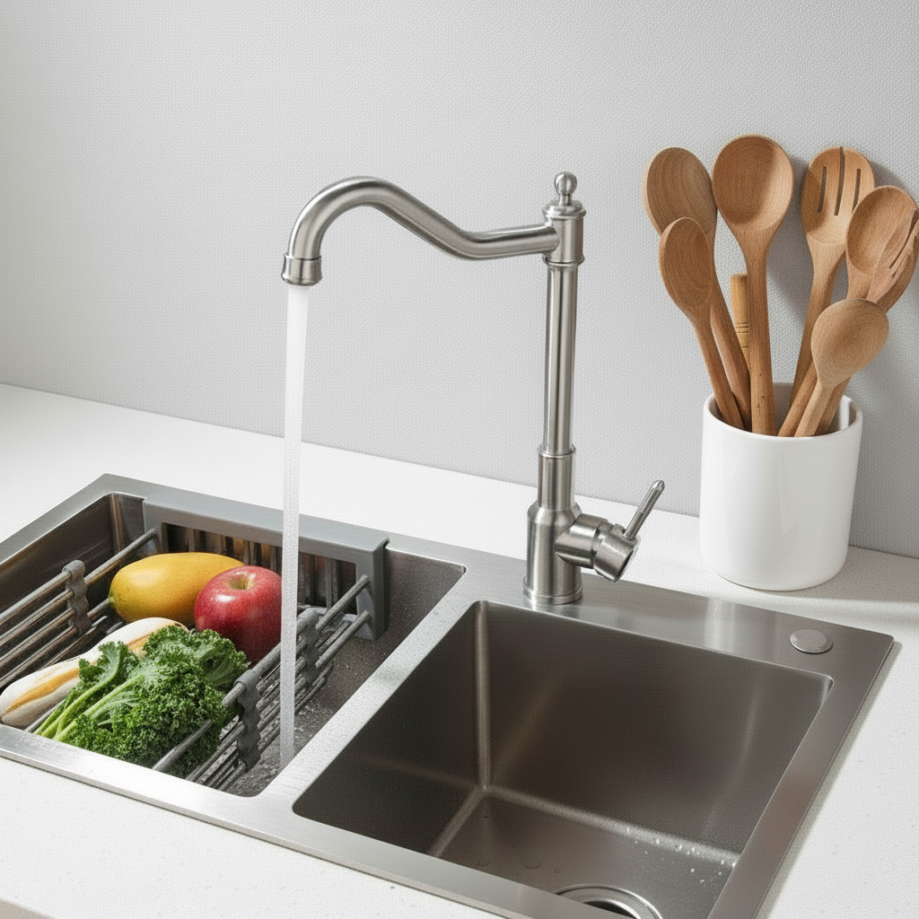 Geborsteld nikkel keukenkraan met zwenkbare uitloop