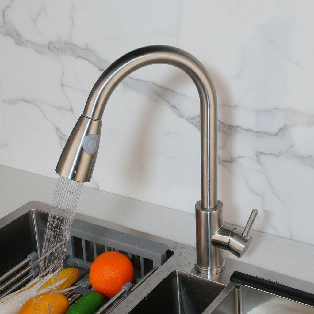 Geborsteld nikkel keukenkraan met uittrekbare sproeikop