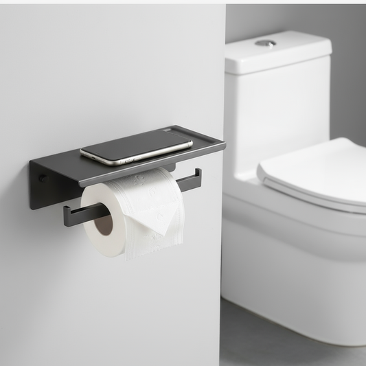 Gun metal dubbele wc-rolhouder met plankje
