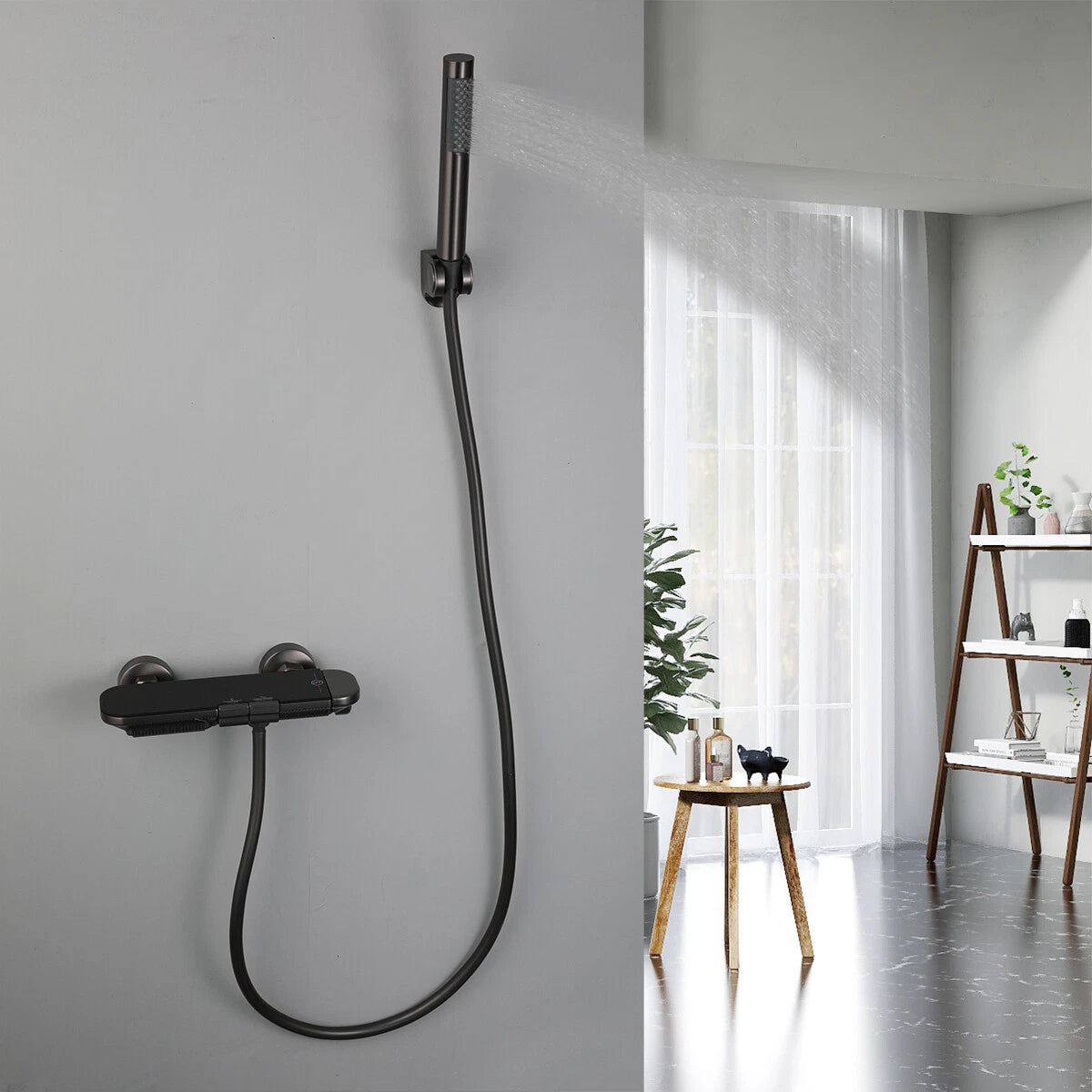 Gun metal thermostatische badkraan met staafhanddouche