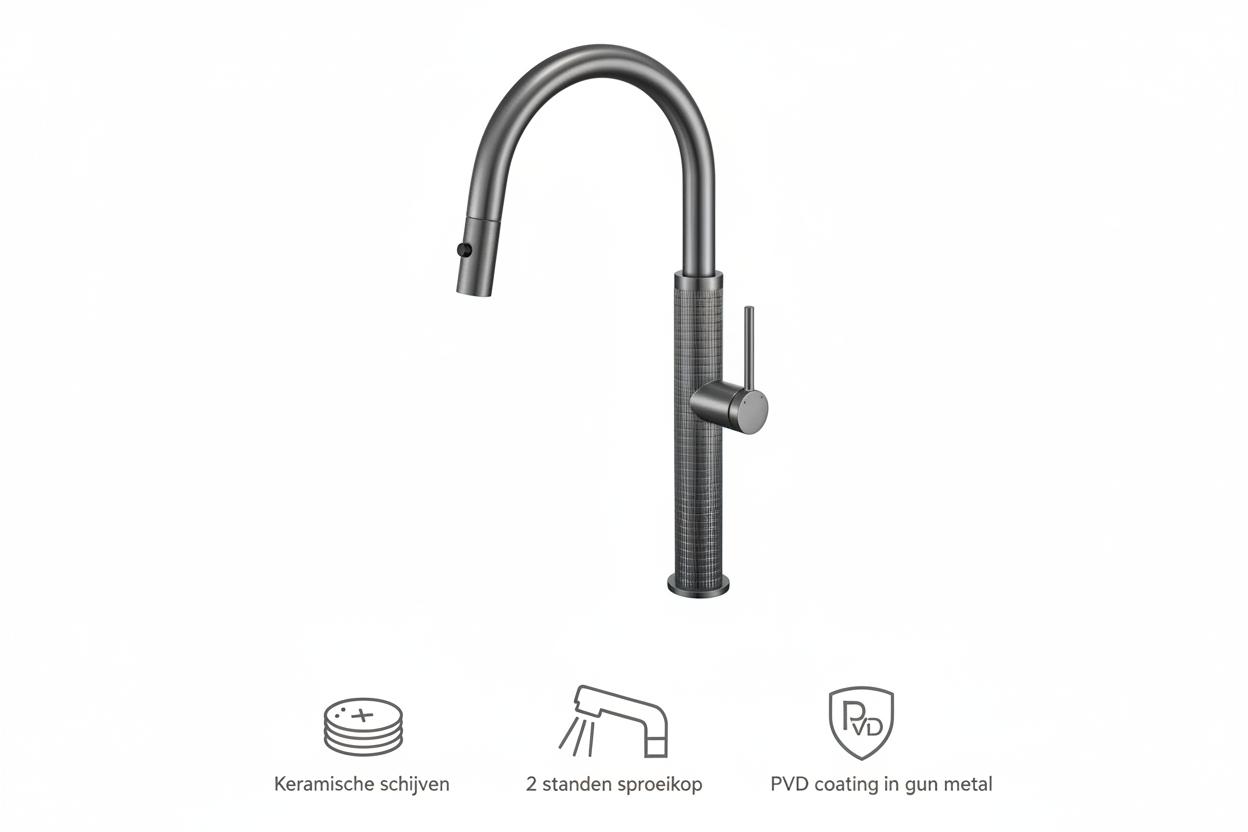 Gun metal keukenkraan met uittrekbare sproeikop en hoge U-uitloop