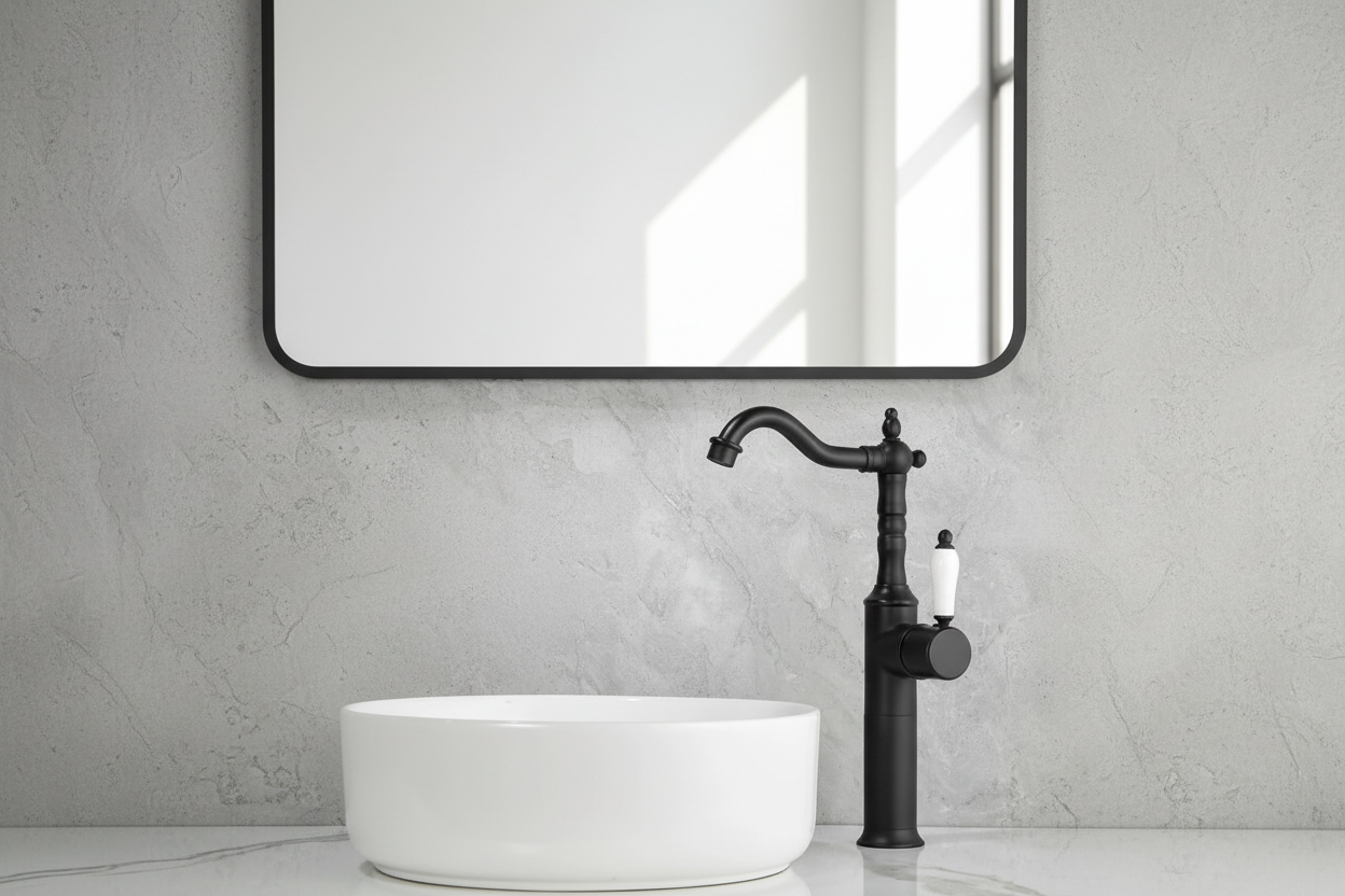 Zwarte wastafelkraan klassiek hoog model met porseleinen greep