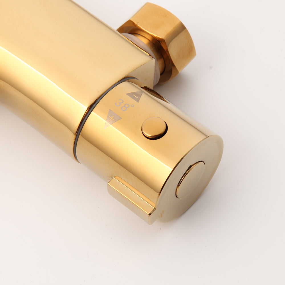 Gold-colored thermostatic bath tap