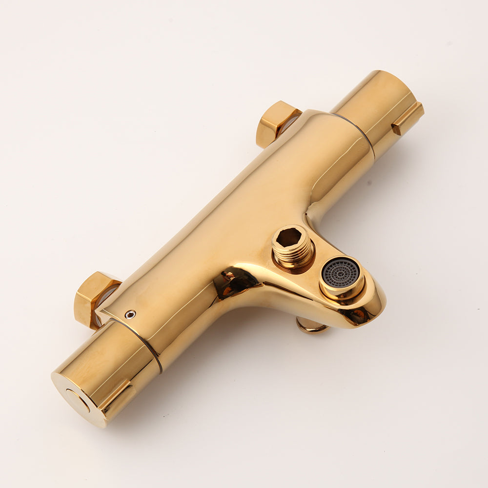 Gold-colored thermostatic bath tap