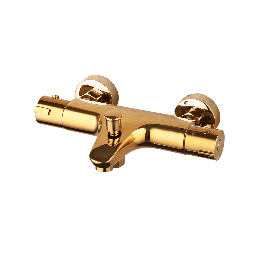 Gold-colored thermostatic bath tap