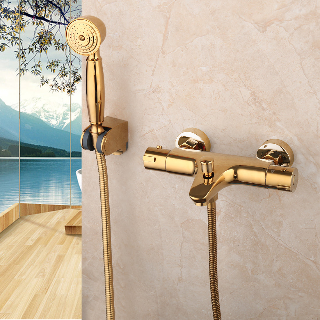 Gold thermostatic bath tap