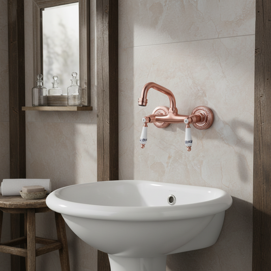 Koperkleurige landelijke muurkraan met keramische handgrepen