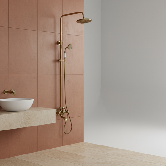 Landelijke opbouw regendouche met baduitloop – bronskleur