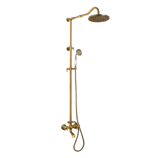 Bronskleurige nostalgische opbouw regendoucheset met baduitloop