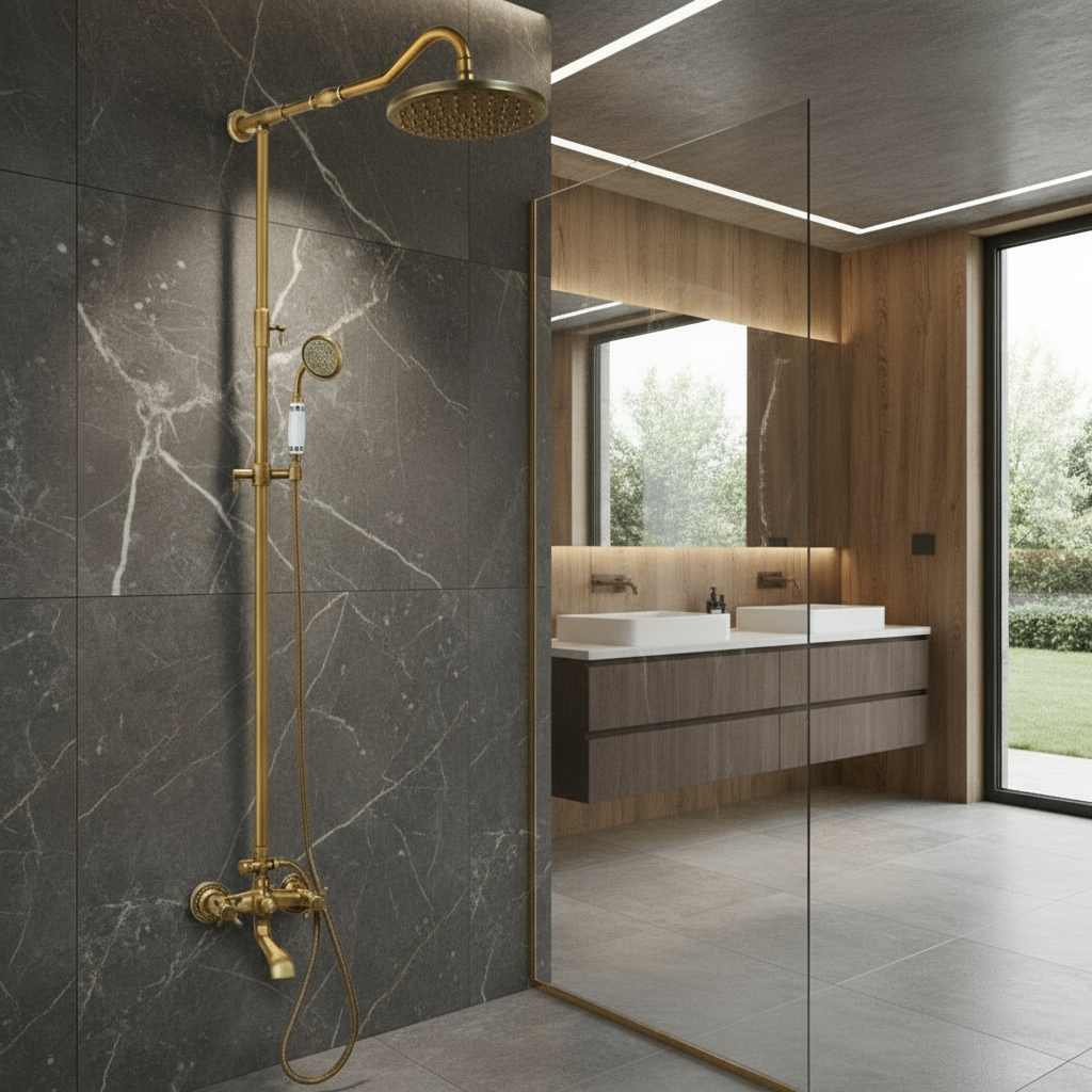 Bronskleurige nostalgische opbouw regendoucheset met baduitloop