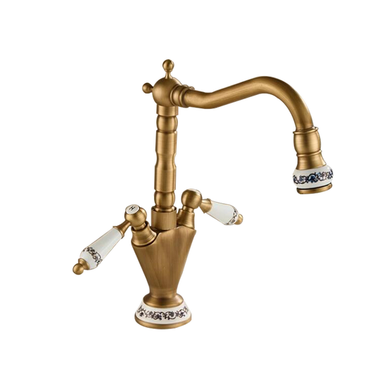 Landelijke wastafelmengkraan | Bronskleurig met keramieke details