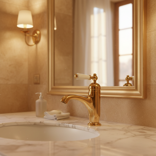 Goudkleurige nostalgische wastafelkraan met keramische hendel