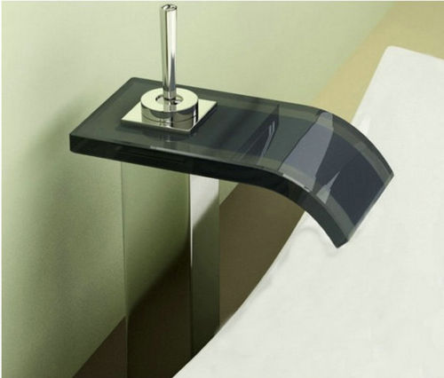 Waterfall faucet with dark colored glass mouth