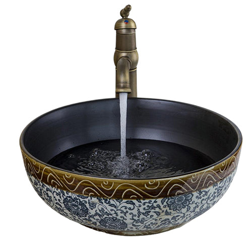 Bronze faucet with hand-painted ceramic washbasin