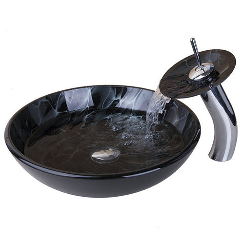 Waterfall faucet with round glass mouth and tempered glass washbasin, stylish design