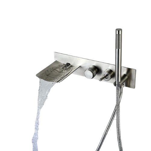 Waterval inbouw badkraan – geborsteld nikkel met ronde handdouche