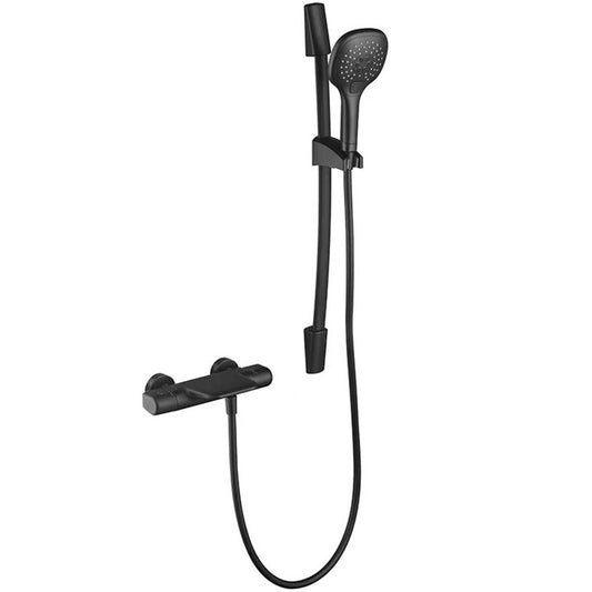 Zwarte thermostatische badkraan met handdouche en glijstang