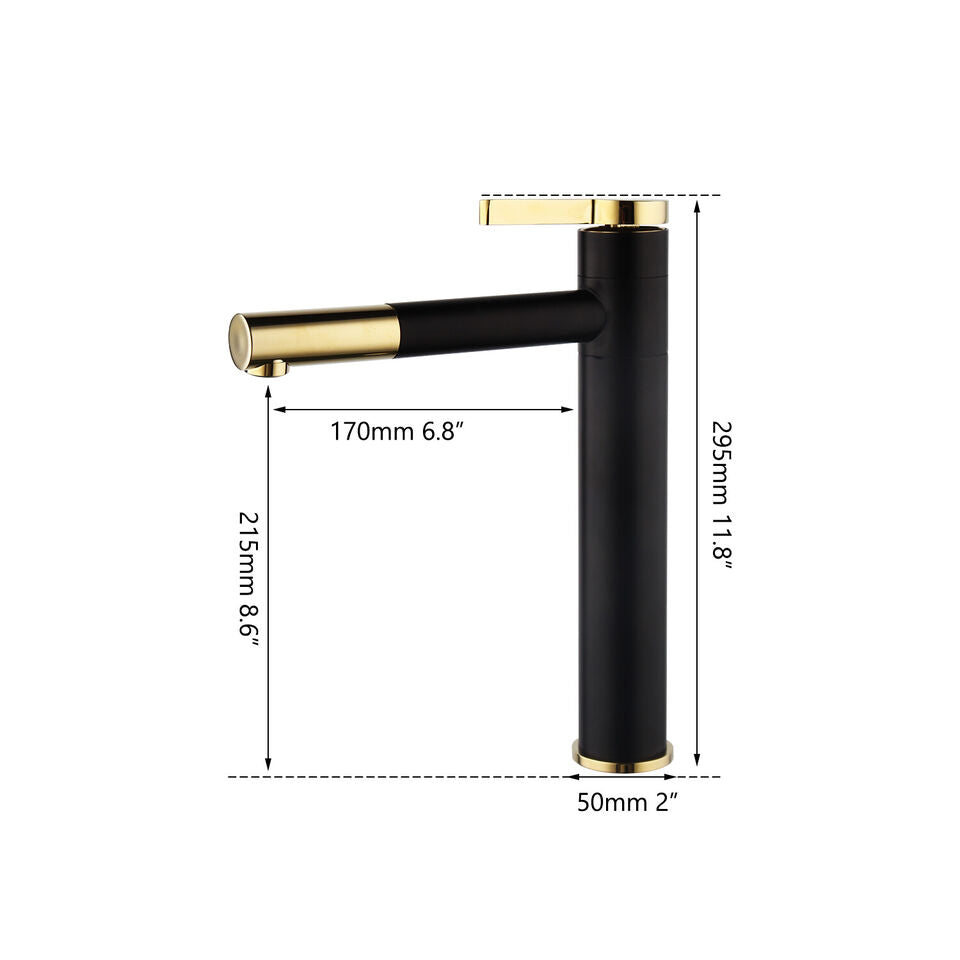 Black washbasin mixer tap with gold-colored elements