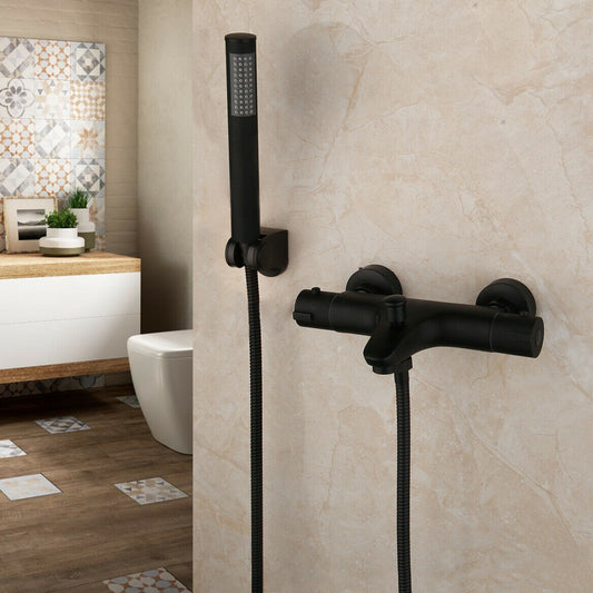 Thermostatische badkraan – mat zwart, complete set met handdouche