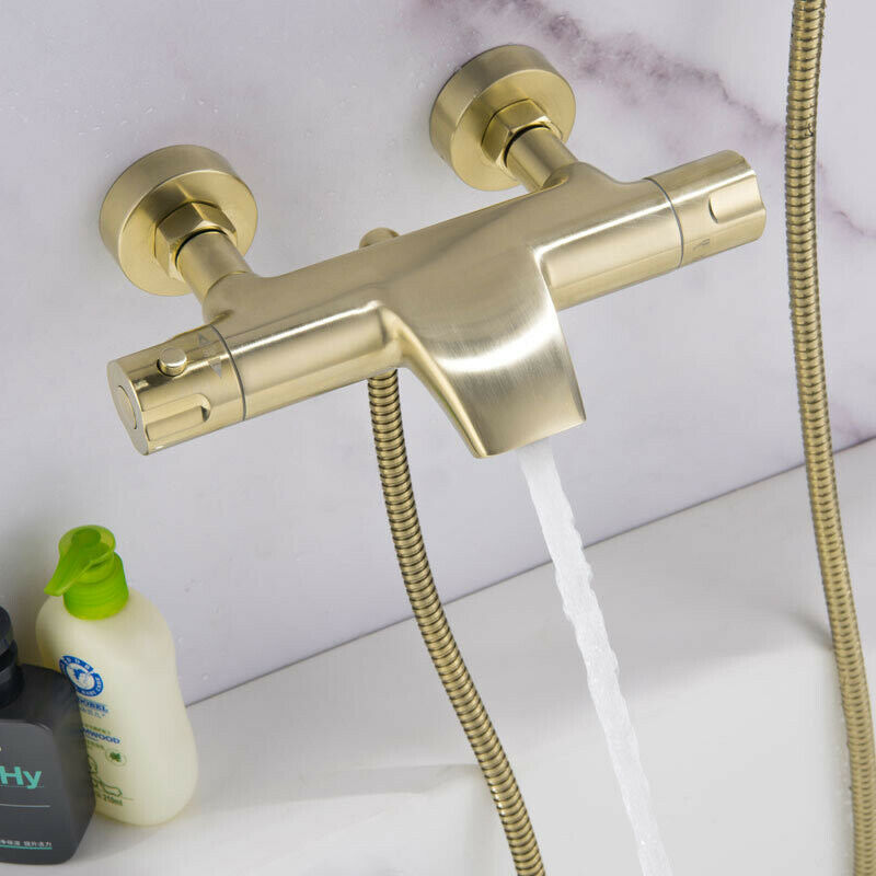 Brushed gold thermostatic bath tap