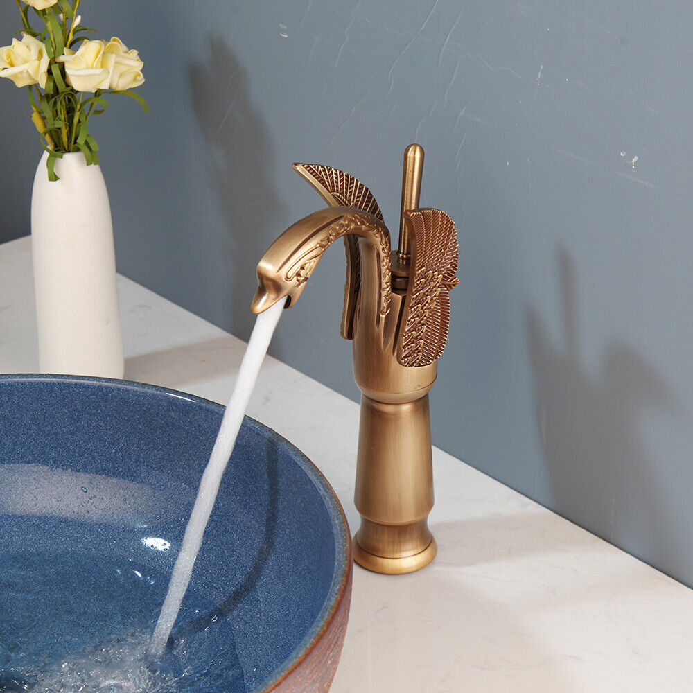Bronze-colored high mixer tap in the shape of a swan