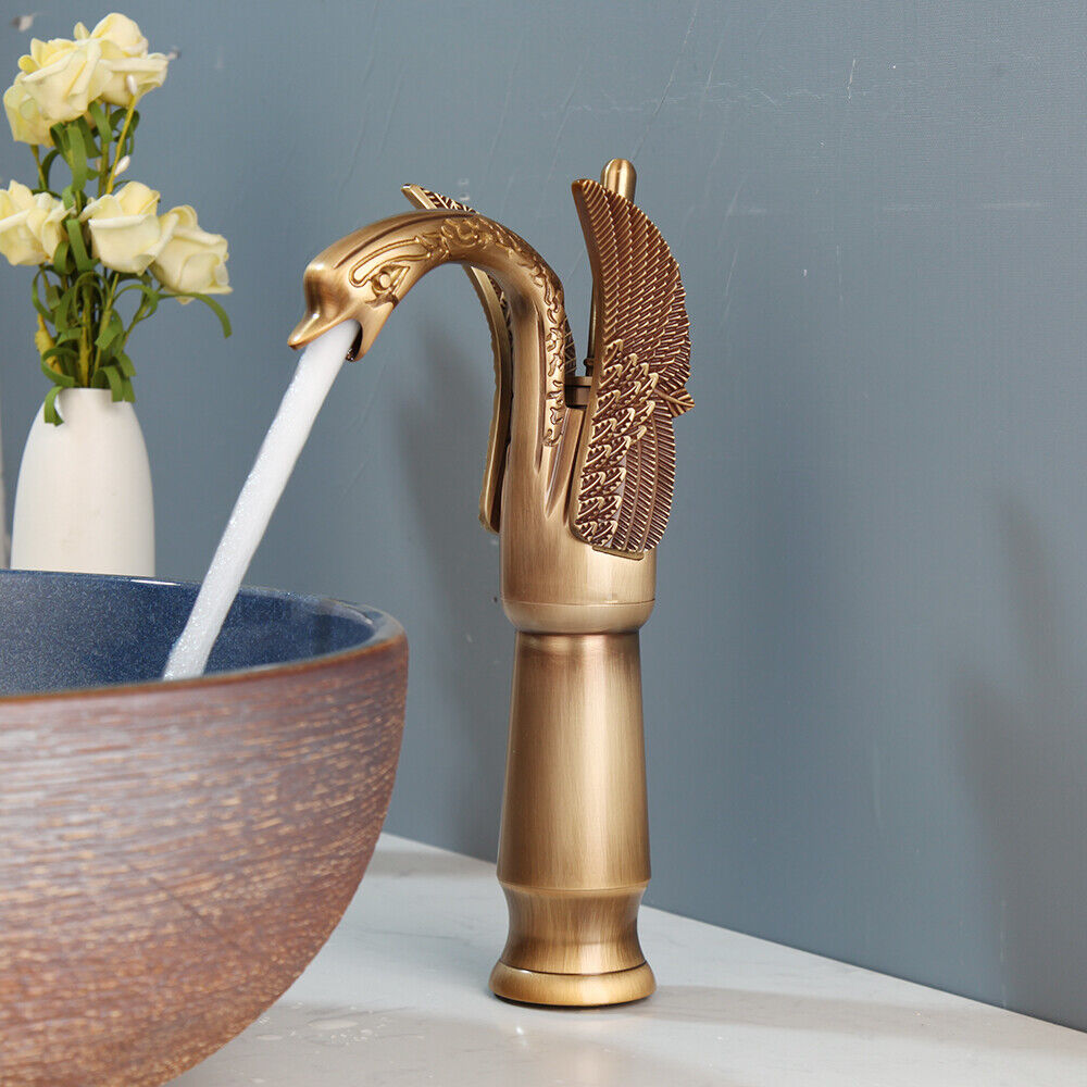 Bronze-colored high mixer tap in the shape of a swan