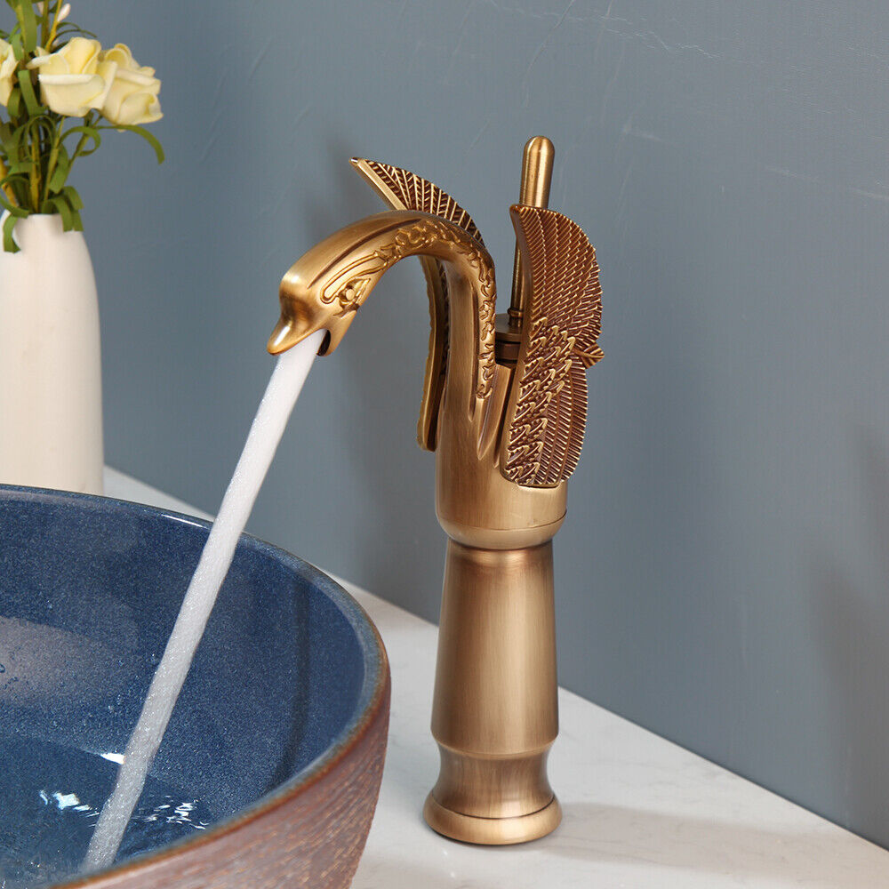 Bronze-colored high mixer tap in the shape of a swan