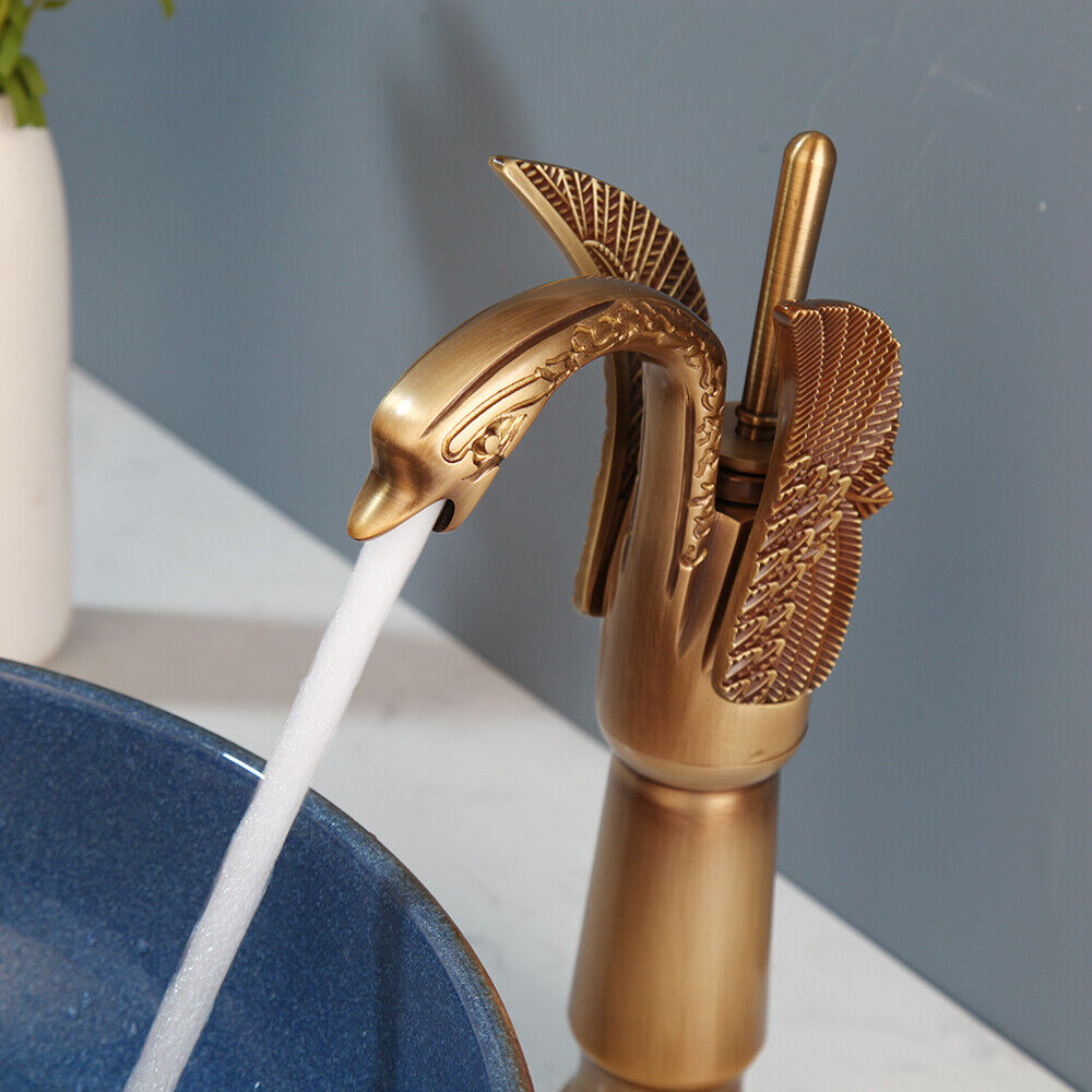 Bronze-colored high mixer tap in the shape of a swan