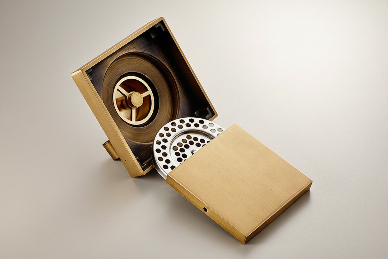 Stylish nostalgic shower drain in brass with a rustic bronze finish