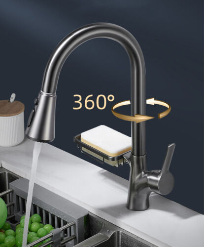 Kitchen faucet gun metal with pull-out spray head and soap dish