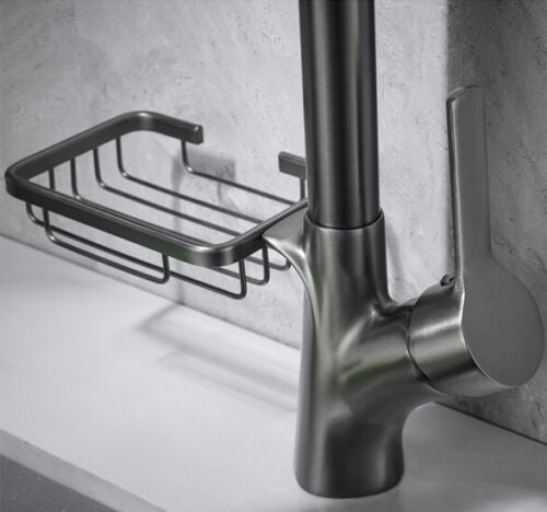 Kitchen faucet gun metal with pull-out spray head and soap dish