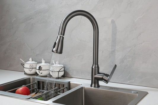 Stylish gun metal kitchen faucet with pull-out spray head